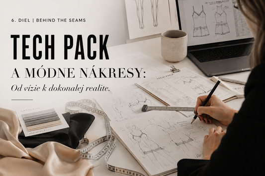 Editorial banner k článku „Tech Pack a módne nákresy: Od vízie k dokonalej realite“ zobrazujúci fashion sketching, tech pack a proces módneho dizajnu v minimalistickom ateliéri.