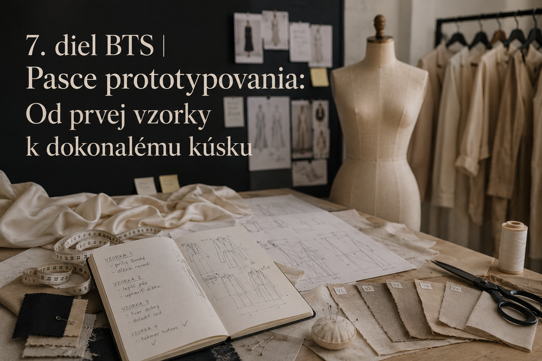 Fashion ateliér s návrhmi strihov, vzorkami látok a procesom prototypovania oblečenia.