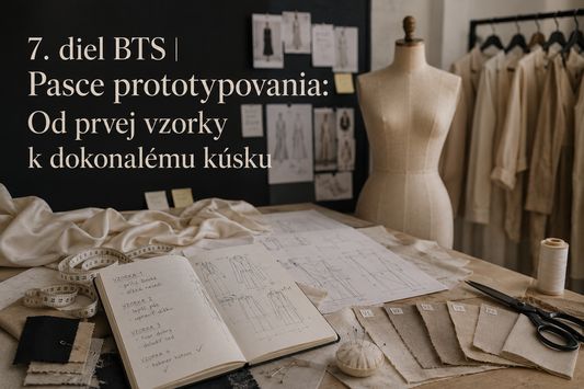 Fashion ateliér s návrhmi strihov, vzorkami látok a procesom prototypovania oblečenia.