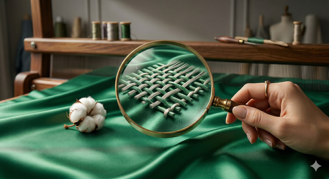 Detail zeleného saténu a jeho väzby pod lupou vedľa kvetu surovej bavlny.