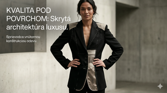 Modelka v prémiovom čiernom obleku s textom: KVALITA POD POVRCHOM: Skrytá architektúra luxusu. Sprievodca vnútornou konštrukciou odevu.