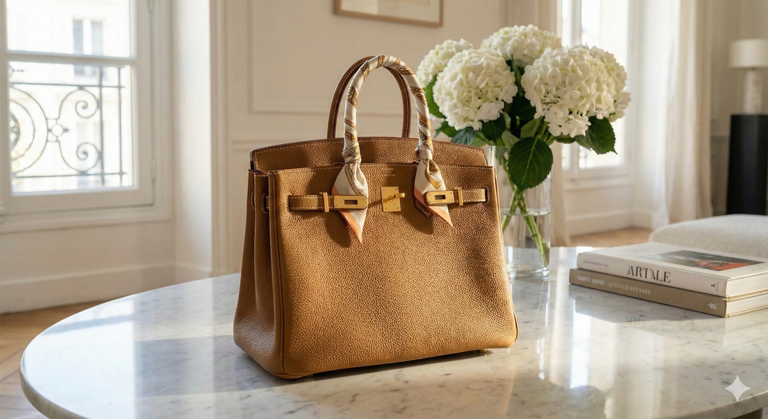Ikonická investičná kabelka Hermès Birkin 25 z kože Togo v hnedom odtieni so zlatými prvkami v luxusnom interiéri.