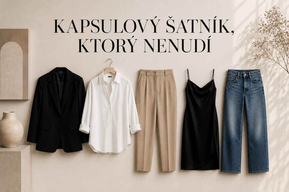 Minimalistický editorial banner ku článku o kapsulovom šatníku zobrazujúci nadčasové módne kúsky ako sako, bielu košeľu, elegantné nohavice, saténové šaty a denim rifle.