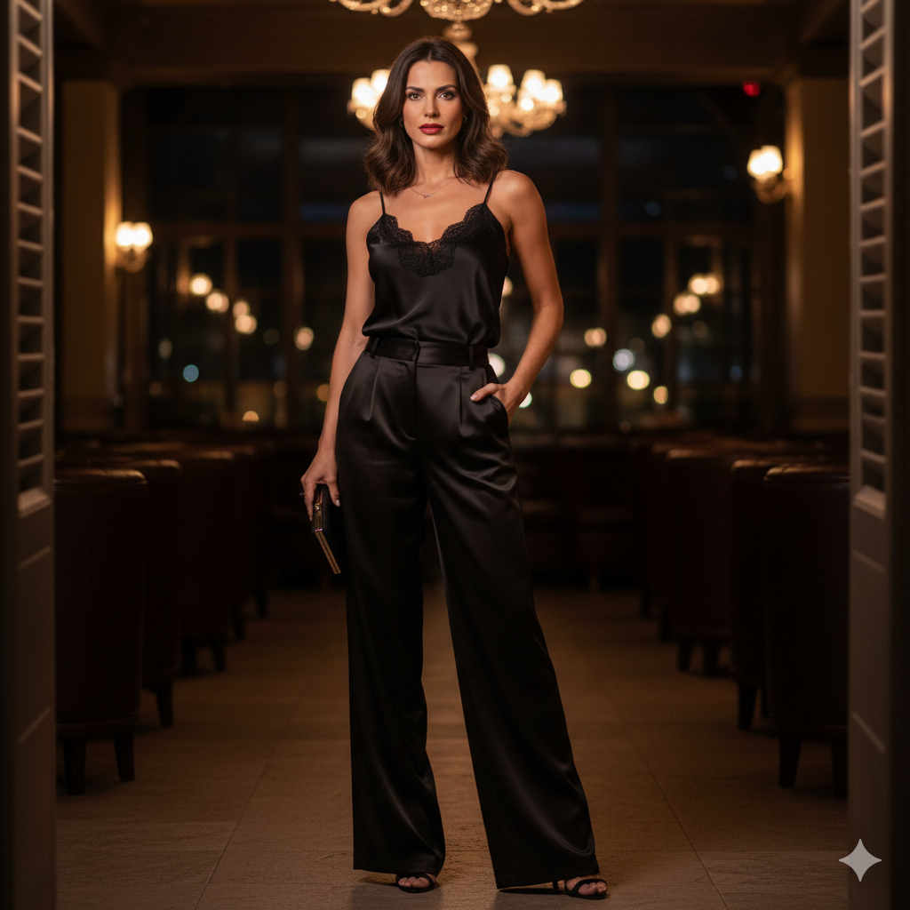 Sexy večerný outfit s čiernym čipkovaným topom a saténovými nohavicami.