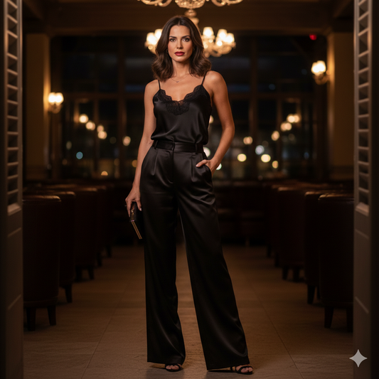 Sexy večerný outfit s čiernym čipkovaným topom a saténovými nohavicami.