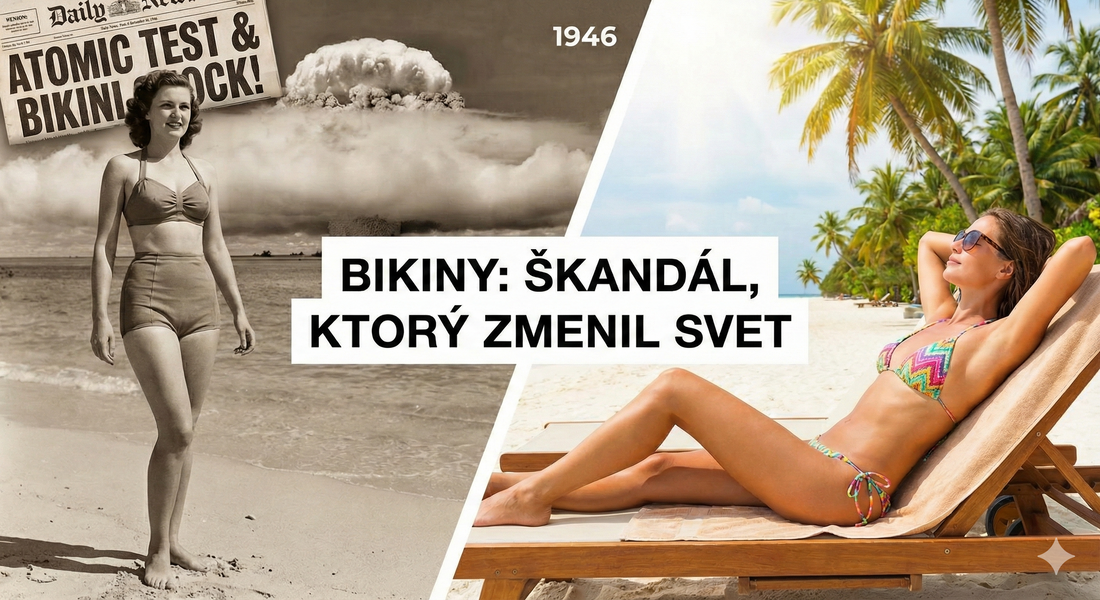 Vizuálne porovnanie histórie bikín: Od prvotného kultúrneho šoku a jadrových testov v roku 1946 až po súčasný symbol slobody a letného relaxu na tropickej pláži.