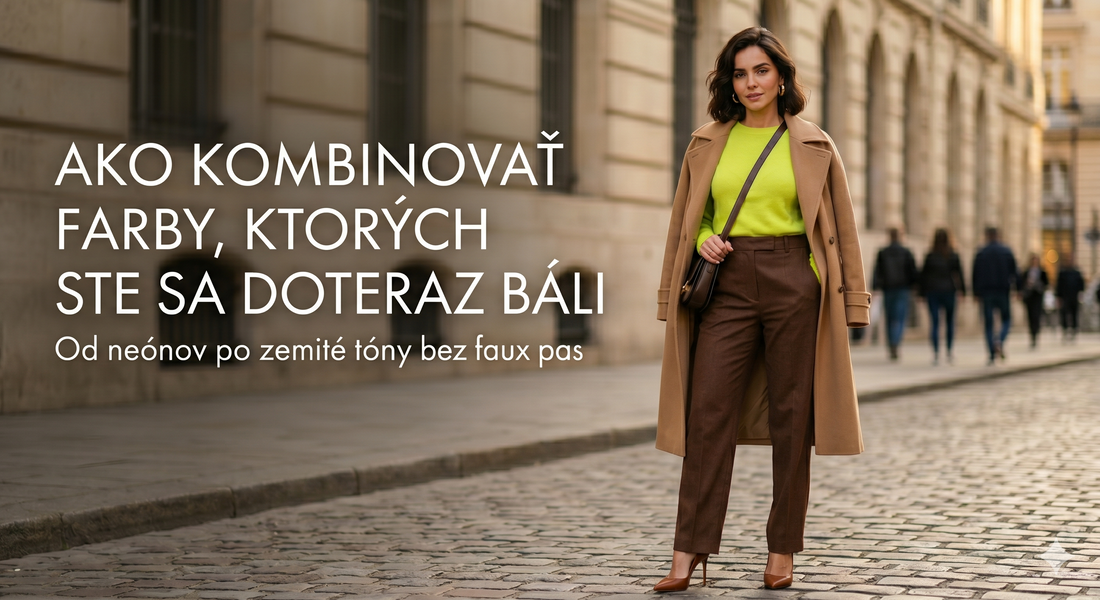 Módny outfit kombinujúci neónovo zelený sveter so zemitými tónmi – hnedými nohavicami, ťavím kabátom a lodičkami. Inšpirácia, ako štýlovo kombinovať farby.