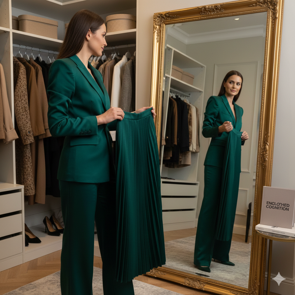 Moderná žena v elegantnom šatníku hľadá outfit, v ktorom sa cíti neporaziteľná. Vizuál k téme vplyvu oblečenia na ženské sebavedomie a psychológiu úspechu.