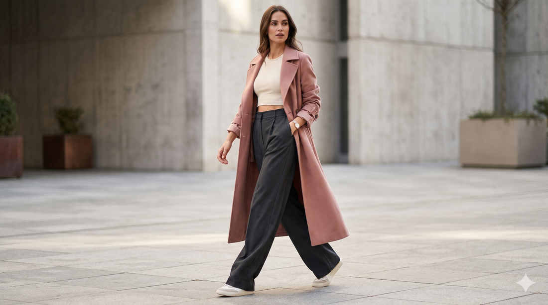 A stylish woman wearing wide-leg trousers and a long unbuttoned coat creates a sleek transitional silhouette.