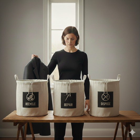 Žena držiaca moderný kabát nad tromi plátennými košmi s nápismi Recycle, Repair a Dispose v minimalistickom štýle udržateľnej módy.