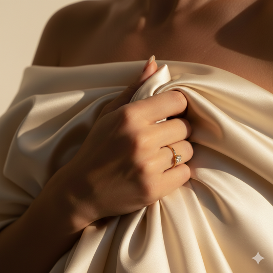 Detailný makro záber na luxusný krémový satén s vysokým leskom a bohatým riasením. Jemná ruka ženy so zlatým prsteňom a nude manikúrou pridržiava látku na dekolte, čo podčiarkuje hebkosť materiálu a estetiku tichého luxusu.