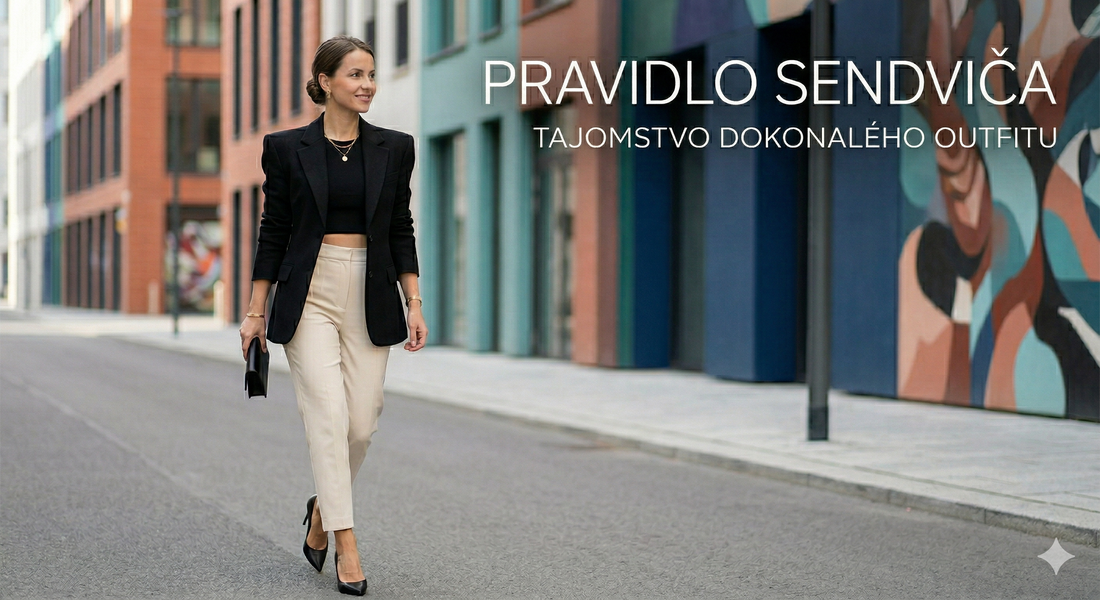 Dámsky outfit vyskladaný podľa pravidla sendviča. Zladenie čierneho saka s vypchávkami a lodičiek s kontrastnými béžovými nohavicami pre dokonalý štýl.