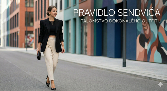 Dámsky outfit vyskladaný podľa pravidla sendviča. Zladenie čierneho saka s vypchávkami a lodičiek s kontrastnými béžovými nohavicami pre dokonalý štýl.