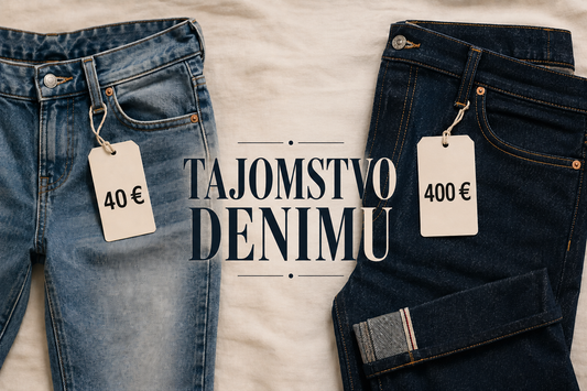 Porovnanie lacných a prémiových džínsov s titulkom Tajomstvo denimu na elegantnej editorial fotografii.