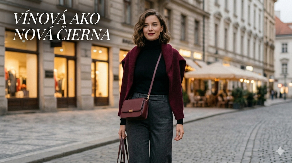 Vínová farba outfit: Elegantná žena ukazuje, ako kombinovať burgundy doplnky so sivými nohavicami a čiernym rolákom. Top trend farby 2026.