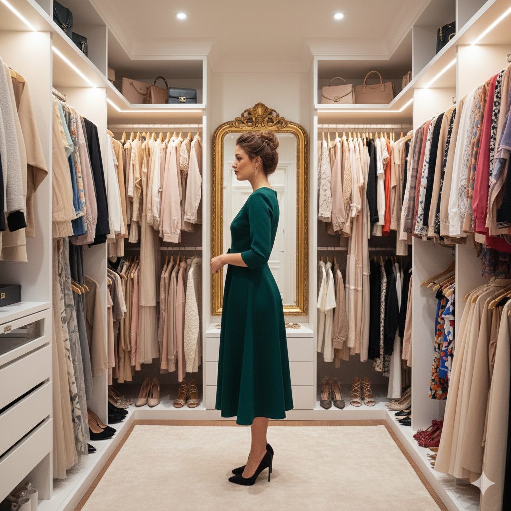 Mladá žena v elegantných smaragdovo zelených áčkových šatách stojí v modernom bielom walk-in šatníku s prehľadne usporiadanými šatami, suknami a lodičkami.