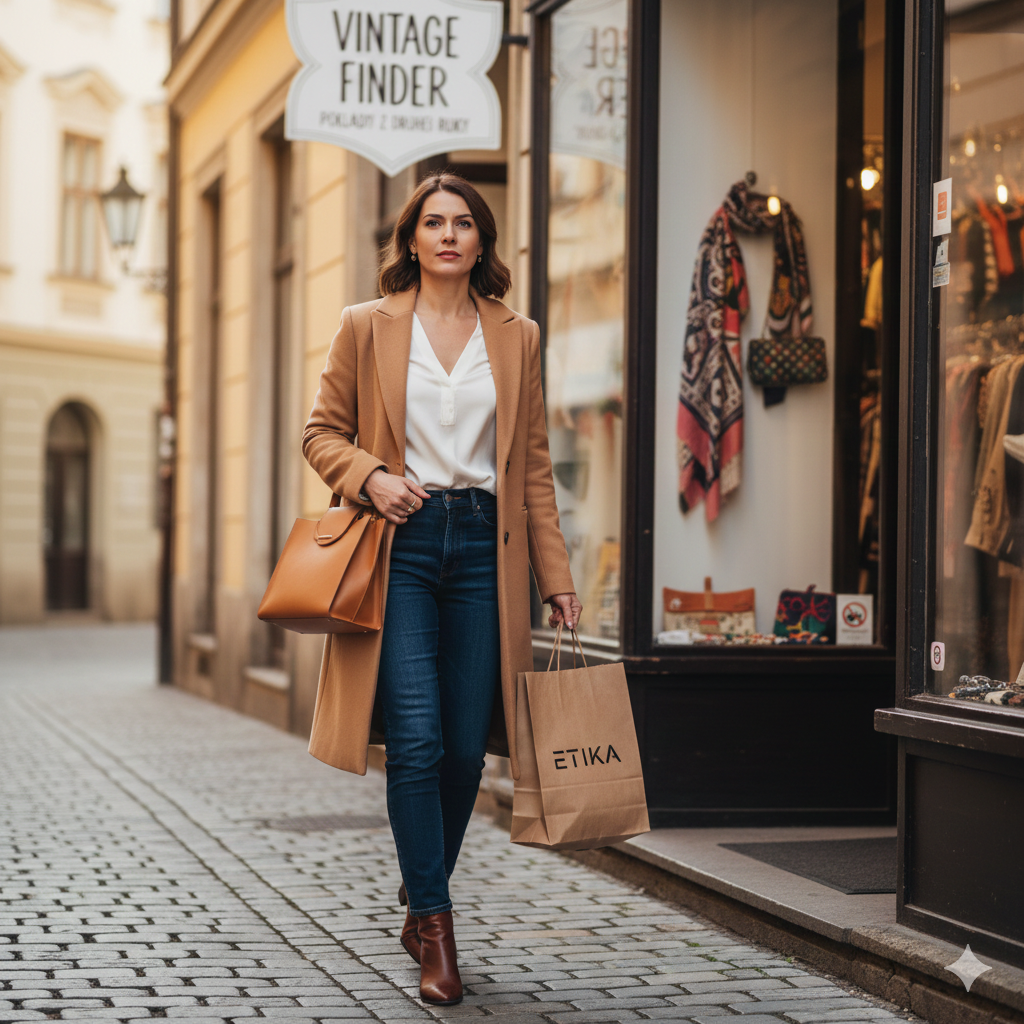 Elegantná žena v nadčasovom outfite kráča po historickej ulici s papierovou taškou s nápisom Etika, smerujúc k obchodu so second-hand módou Vintage Finder. Vizualizácia kombinovania novej prémiovej kvality a udržateľného nakupovania z druhej ruky.