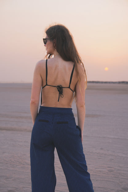 RAVE – Elegantné nohavice s vysokým pásom / MODRÉ PRUHOVANÉ