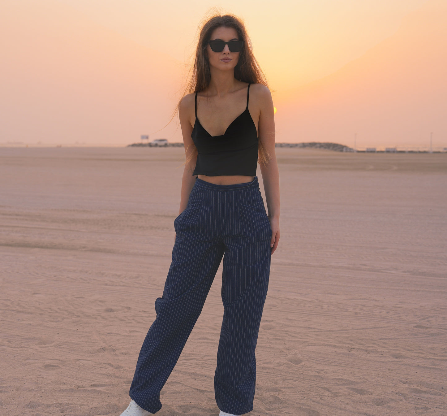 RAVE – Elegantné nohavice s vysokým pásom / MODRÉ PRUHOVANÉ